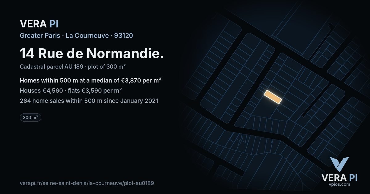14 Rue de Normandie, La Courneuve at night – the plot lit, the parcels around coloured by the prices near them
