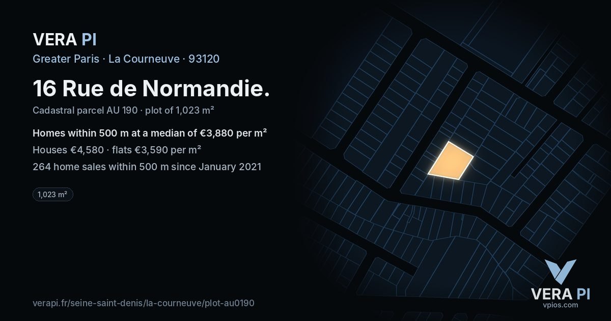 16 Rue de Normandie, La Courneuve at night – the plot lit, the parcels around coloured by the prices near them