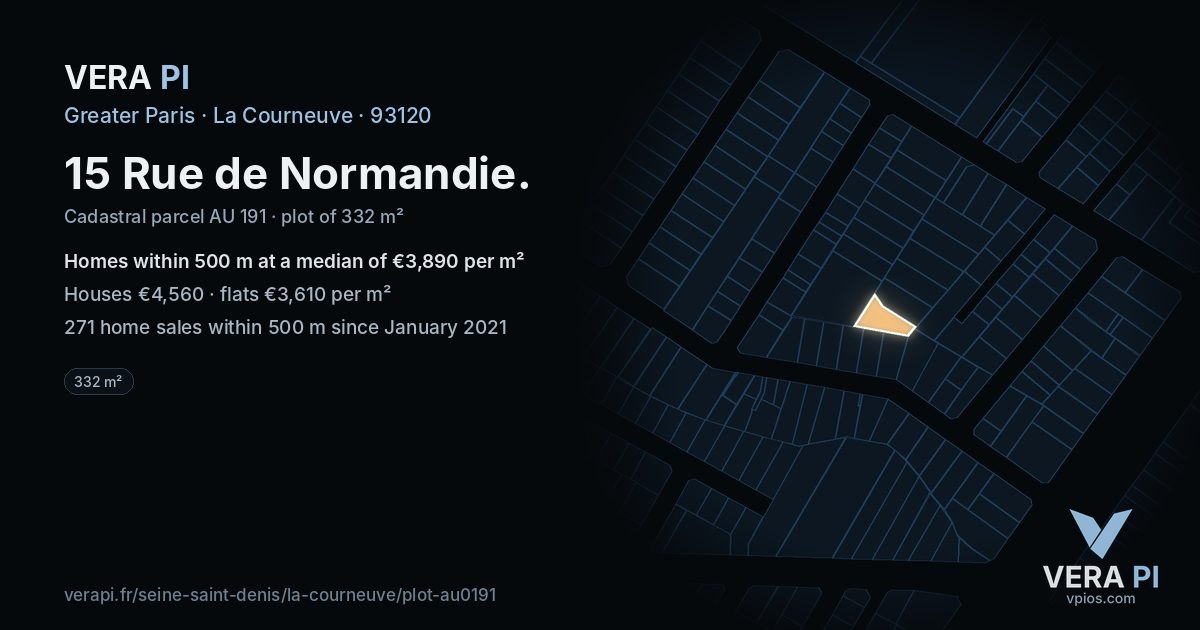 15 Rue de Normandie, La Courneuve at night – the plot lit, the parcels around coloured by the prices near them