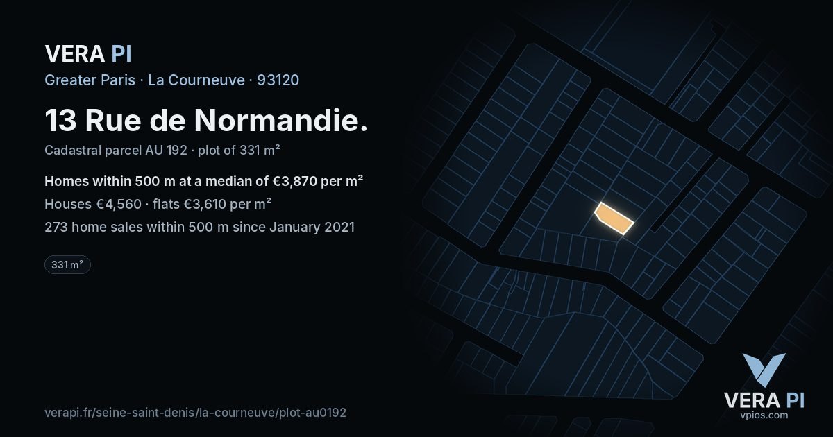 13 Rue de Normandie, La Courneuve at night – the plot lit, the parcels around coloured by the prices near them