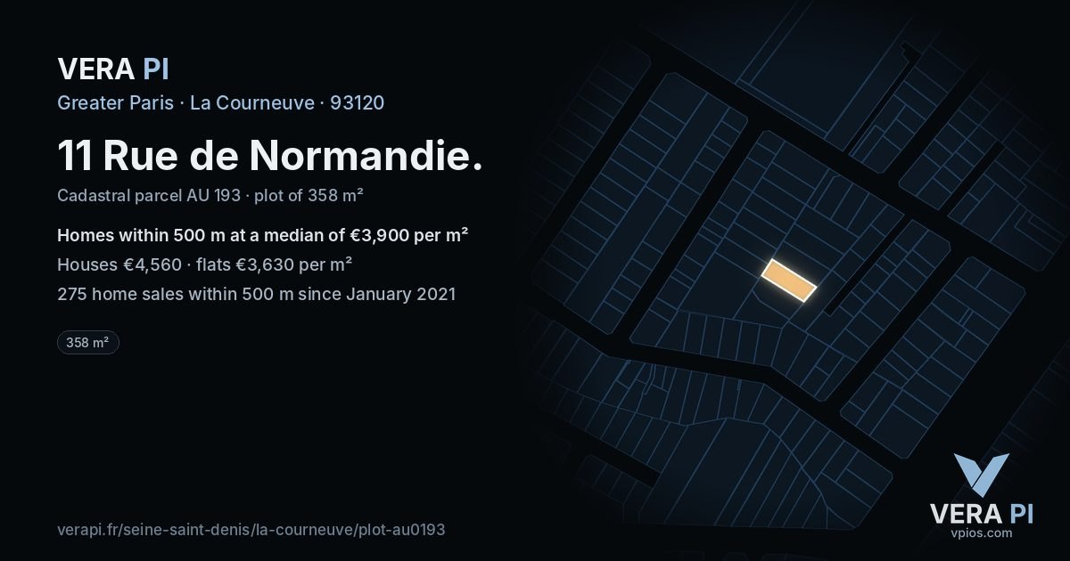 11 Rue de Normandie, La Courneuve at night – the plot lit, the parcels around coloured by the prices near them