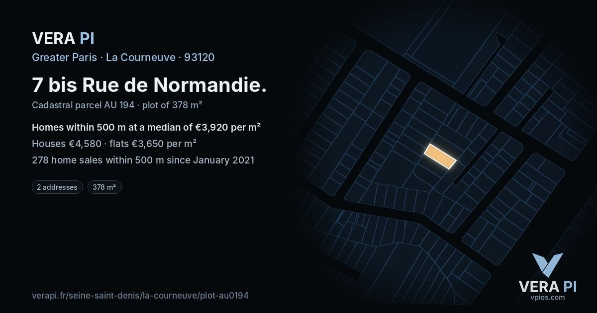 7 bis Rue de Normandie, La Courneuve at night – the plot lit, the parcels around coloured by the prices near them