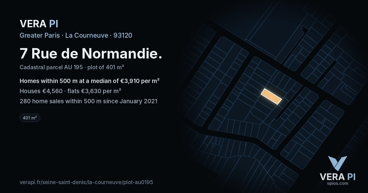 7 Rue de Normandie, La Courneuve at night – the plot lit, the parcels around coloured by the prices near them