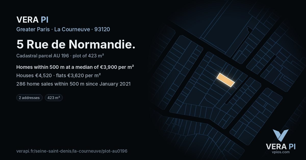 5 Rue de Normandie, La Courneuve at night – the plot lit, the parcels around coloured by the prices near them