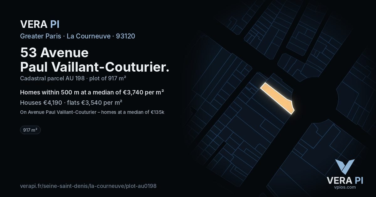 53 Avenue Paul Vaillant-Couturier, La Courneuve at night – the plot lit, the parcels around coloured by the prices near them