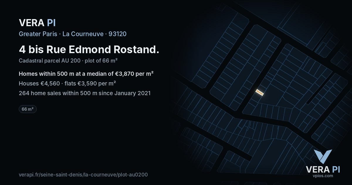 4 bis Rue Edmond Rostand, La Courneuve at night – the plot lit, the parcels around coloured by the prices near them