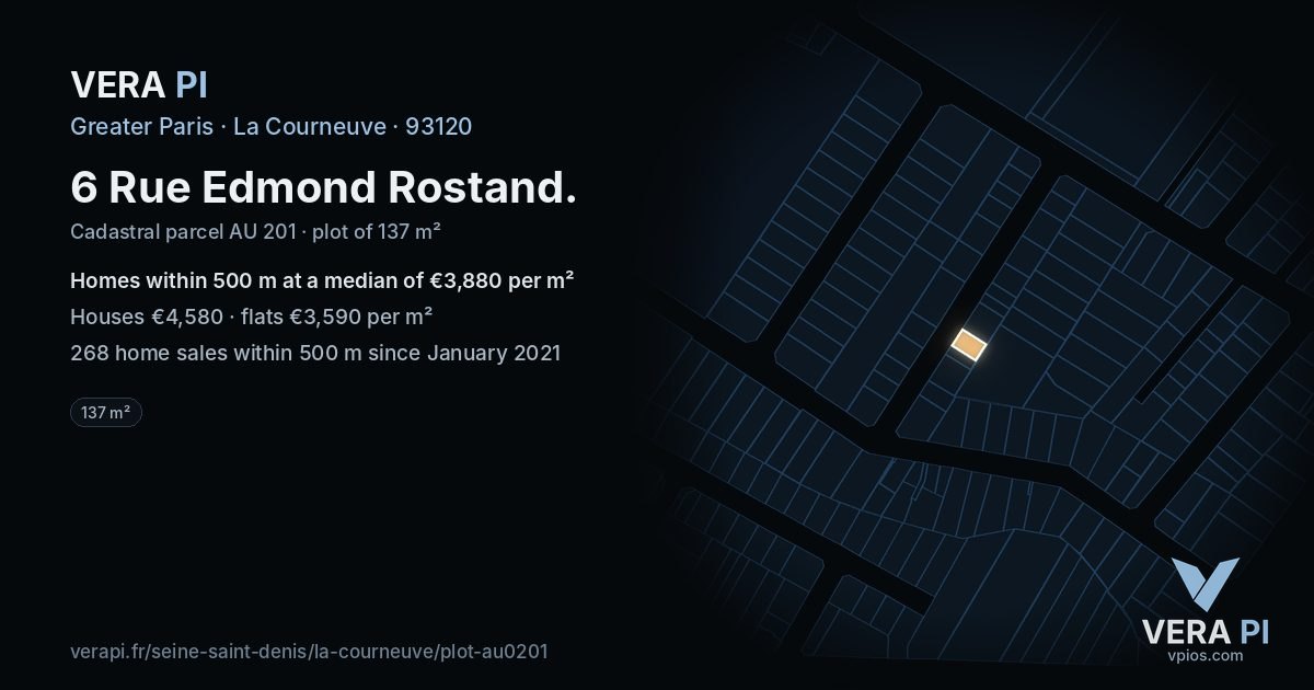 6 Rue Edmond Rostand, La Courneuve at night – the plot lit, the parcels around coloured by the prices near them