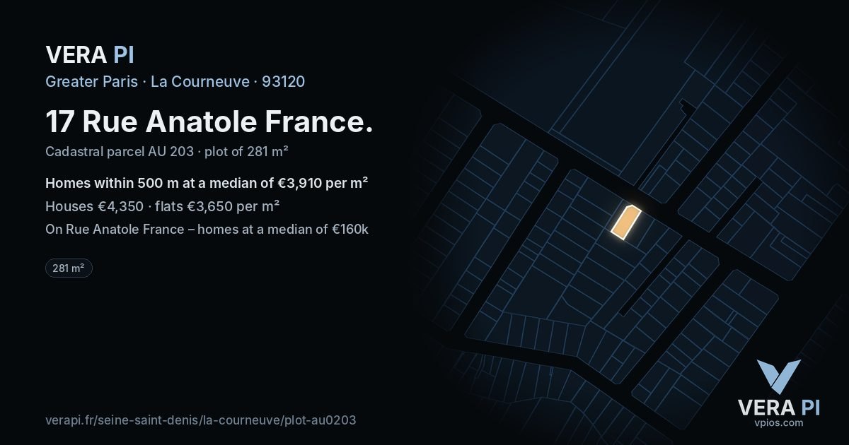 17 Rue Anatole France, La Courneuve at night – the plot lit, the parcels around coloured by the prices near them