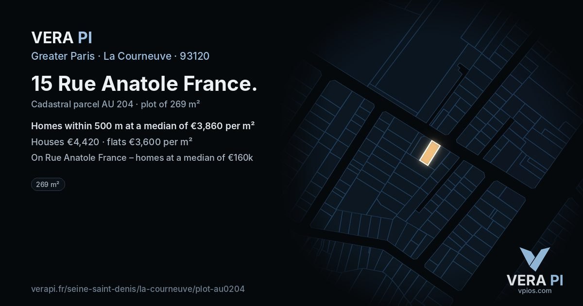 15 Rue Anatole France, La Courneuve at night – the plot lit, the parcels around coloured by the prices near them