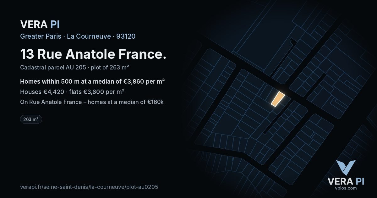 13 Rue Anatole France, La Courneuve at night – the plot lit, the parcels around coloured by the prices near them