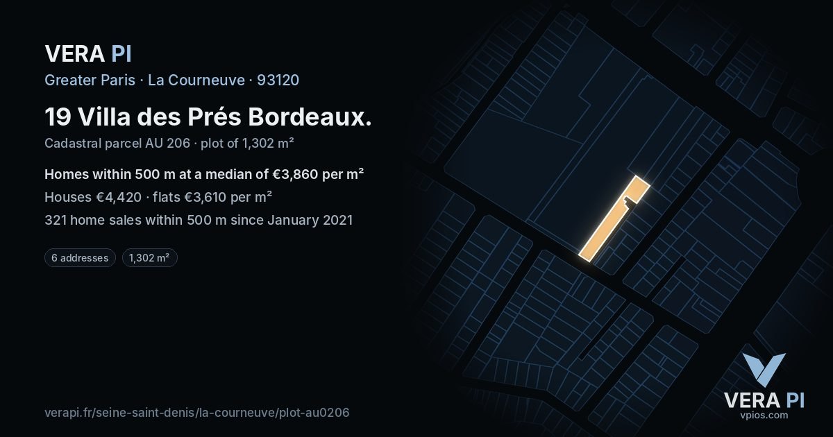 19 Villa des Prés Bordeaux, La Courneuve at night – the plot lit, the parcels around coloured by the prices near them
