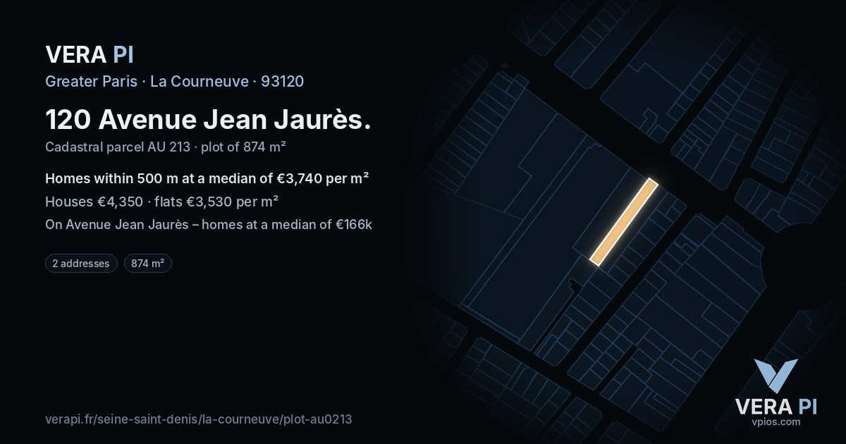 120 Avenue Jean Jaurès, La Courneuve at night – the plot lit, the parcels around coloured by the prices near them