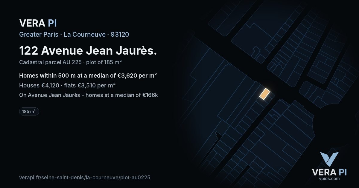 122 Avenue Jean Jaurès, La Courneuve at night – the plot lit, the parcels around coloured by the prices near them