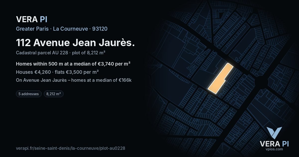112 Avenue Jean Jaurès, La Courneuve at night – the plot lit, the parcels around coloured by the prices near them