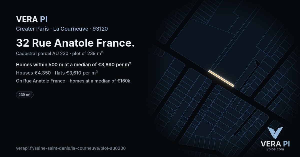 32 Rue Anatole France, La Courneuve at night – the plot lit, the parcels around coloured by the prices near them