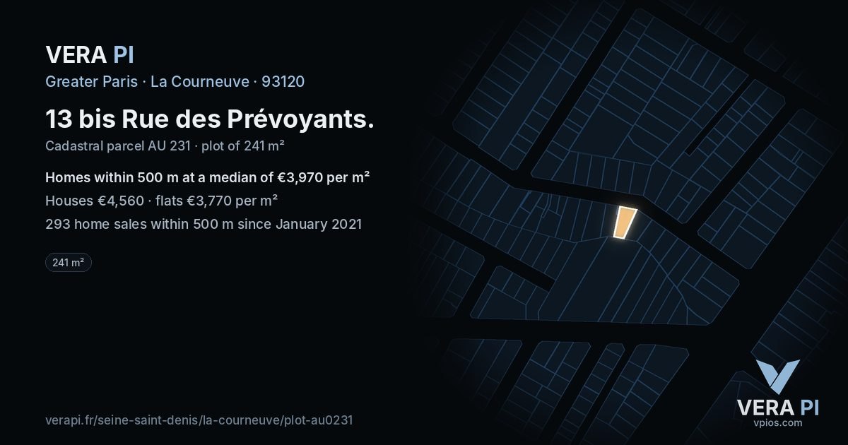 13 bis Rue des Prévoyants, La Courneuve at night – the plot lit, the parcels around coloured by the prices near them