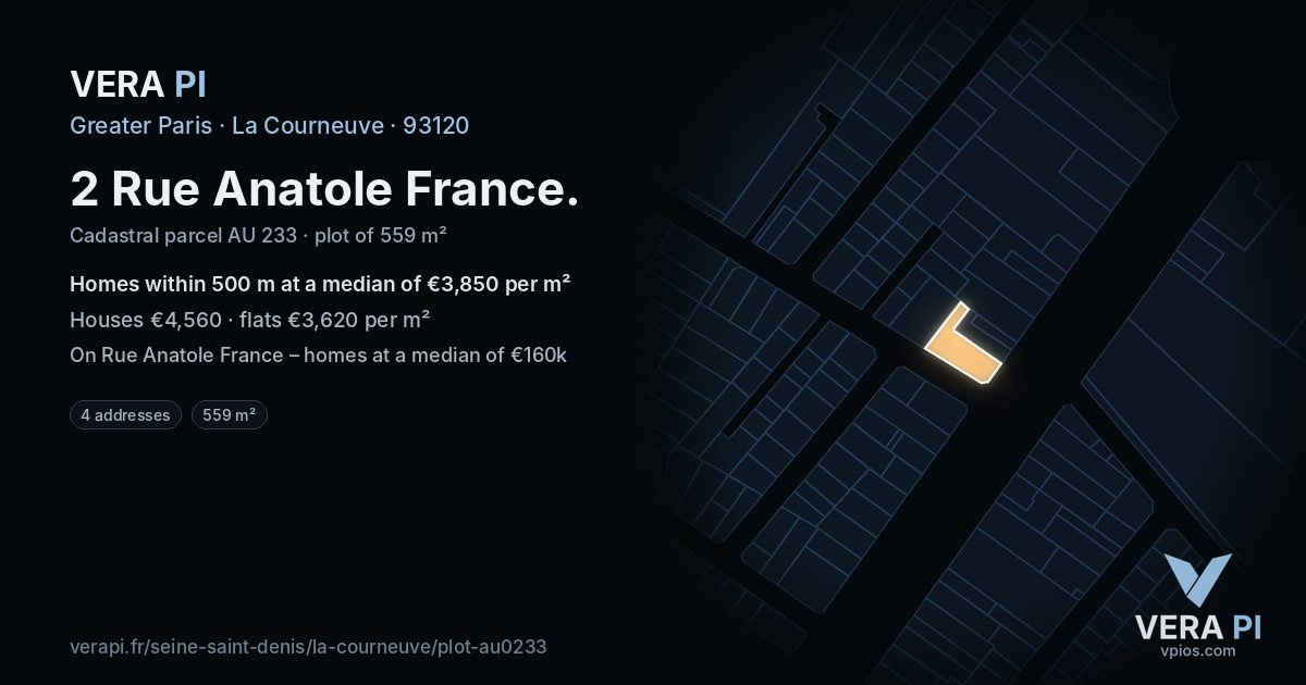 2 Rue Anatole France, La Courneuve at night – the plot lit, the parcels around coloured by the prices near them