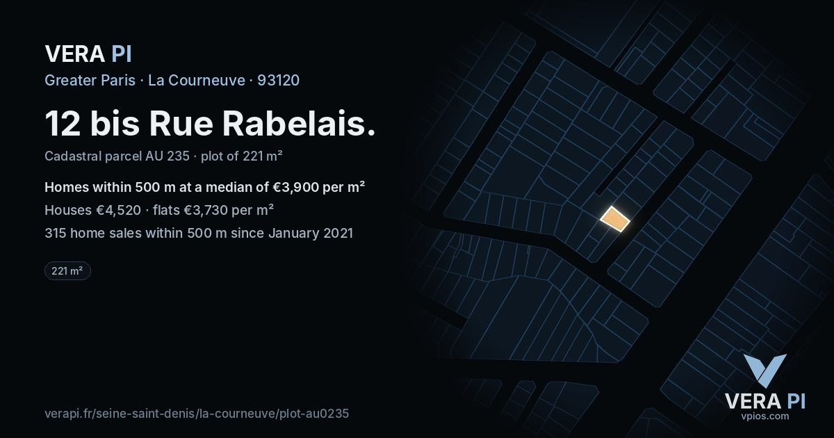 12 bis Rue Rabelais, La Courneuve at night – the plot lit, the parcels around coloured by the prices near them