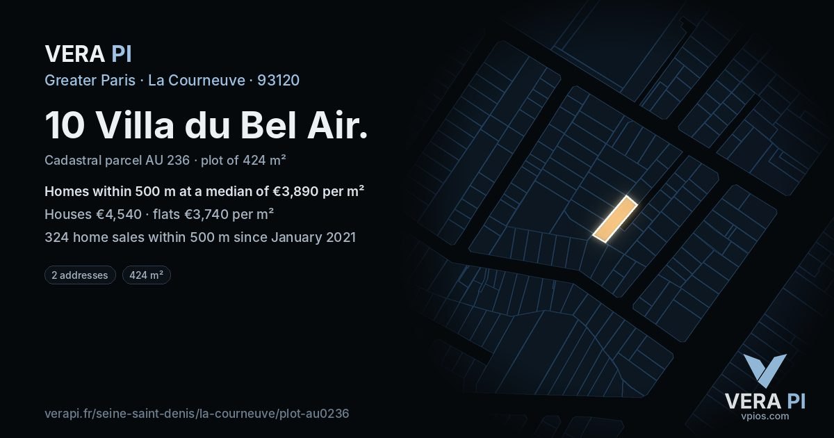 10 Villa du Bel Air, La Courneuve at night – the plot lit, the parcels around coloured by the prices near them