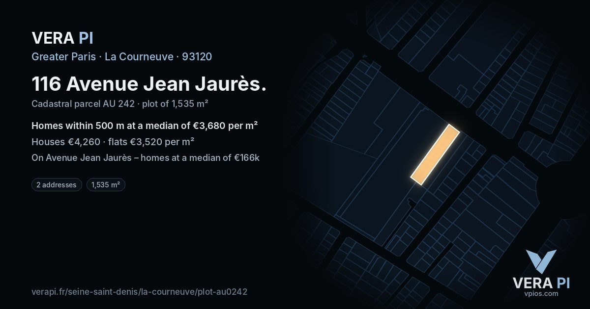 116 Avenue Jean Jaurès, La Courneuve at night – the plot lit, the parcels around coloured by the prices near them