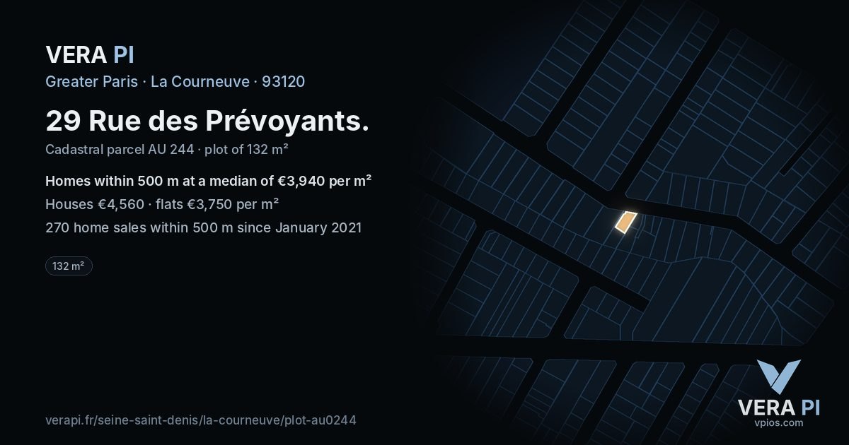 29 Rue des Prévoyants, La Courneuve at night – the plot lit, the parcels around coloured by the prices near them