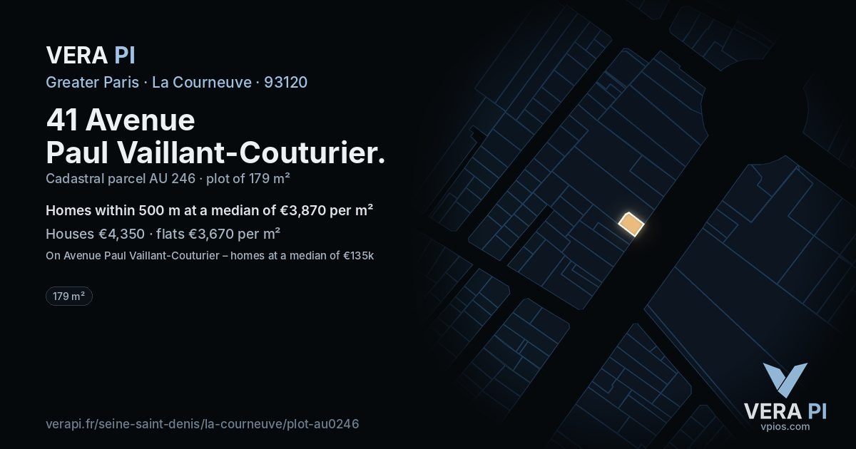 41 Avenue Paul Vaillant-Couturier, La Courneuve at night – the plot lit, the parcels around coloured by the prices near them