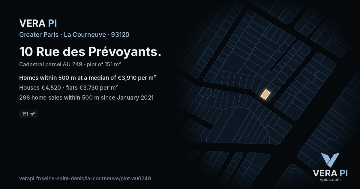 10 Rue des Prévoyants, La Courneuve at night – the plot lit, the parcels around coloured by the prices near them
