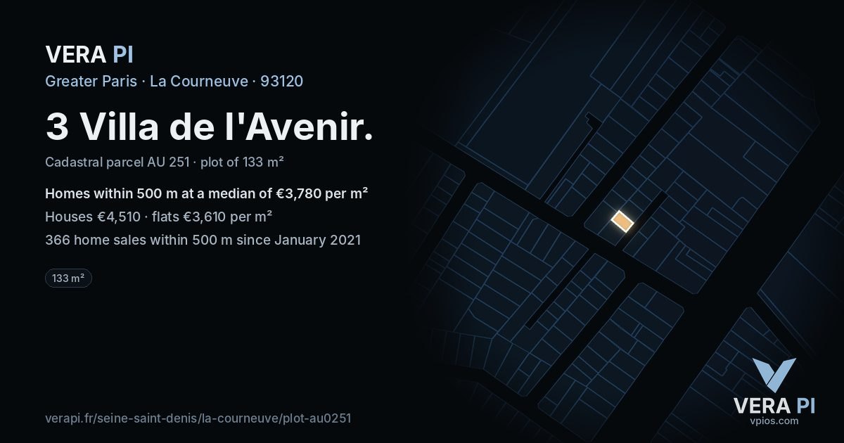 3 Villa de l'Avenir, La Courneuve at night – the plot lit, the parcels around coloured by the prices near them