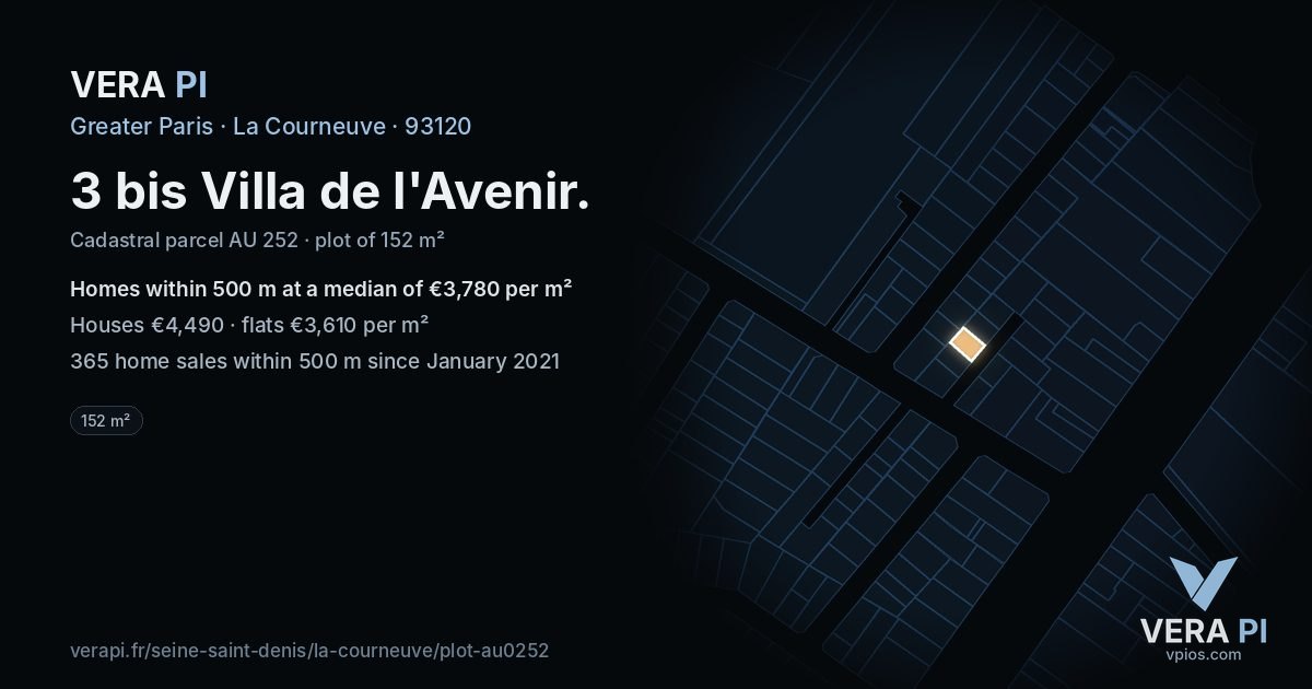 3 bis Villa de l'Avenir, La Courneuve at night – the plot lit, the parcels around coloured by the prices near them