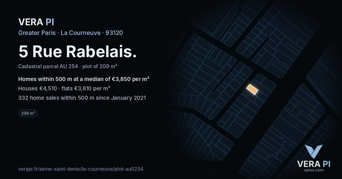 5 Rue Rabelais, La Courneuve at night – the plot lit, the parcels around coloured by the prices near them