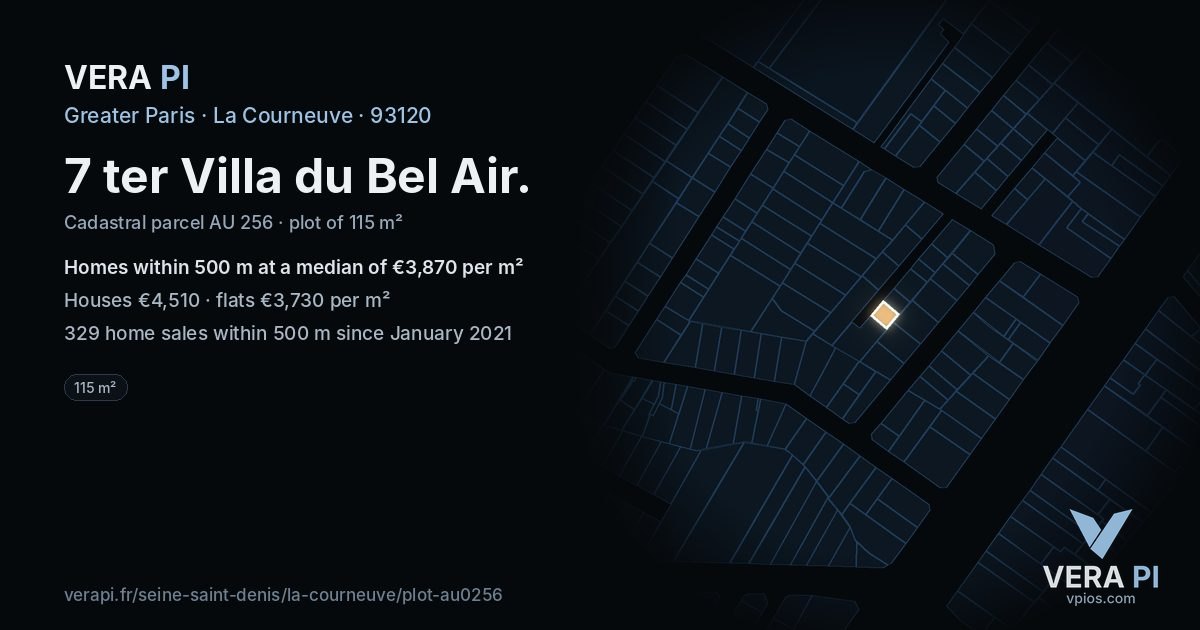 7 ter Villa du Bel Air, La Courneuve at night – the plot lit, the parcels around coloured by the prices near them