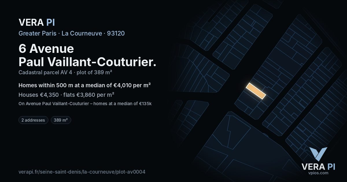 6 Avenue Paul Vaillant-Couturier, La Courneuve at night – the plot lit, the parcels around coloured by the prices near them