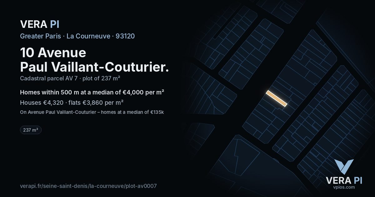10 Avenue Paul Vaillant-Couturier, La Courneuve at night – the plot lit, the parcels around coloured by the prices near them