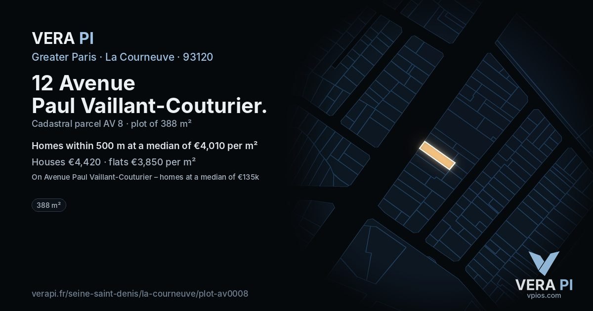 12 Avenue Paul Vaillant-Couturier, La Courneuve at night – the plot lit, the parcels around coloured by the prices near them