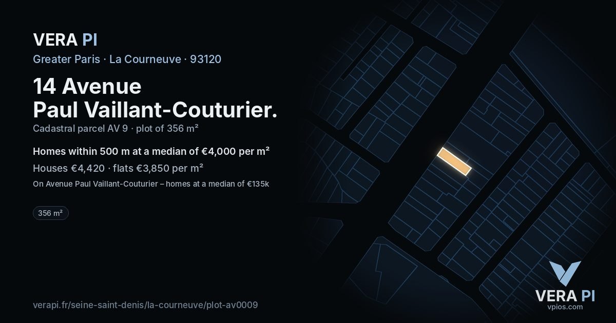 14 Avenue Paul Vaillant-Couturier, La Courneuve at night – the plot lit, the parcels around coloured by the prices near them