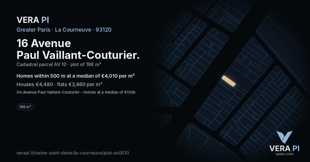 16 Avenue Paul Vaillant-Couturier, La Courneuve at night – the plot lit, the parcels around coloured by the prices near them