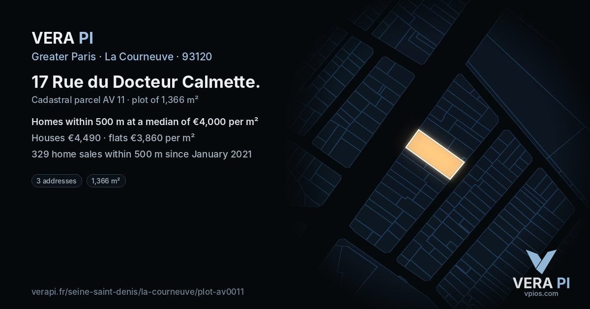 17 Rue du Docteur Calmette, La Courneuve at night – the plot lit, the parcels around coloured by the prices near them