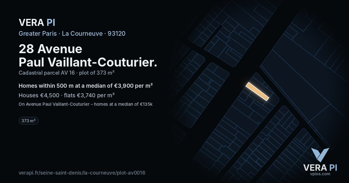 28 Avenue Paul Vaillant-Couturier, La Courneuve at night – the plot lit, the parcels around coloured by the prices near them