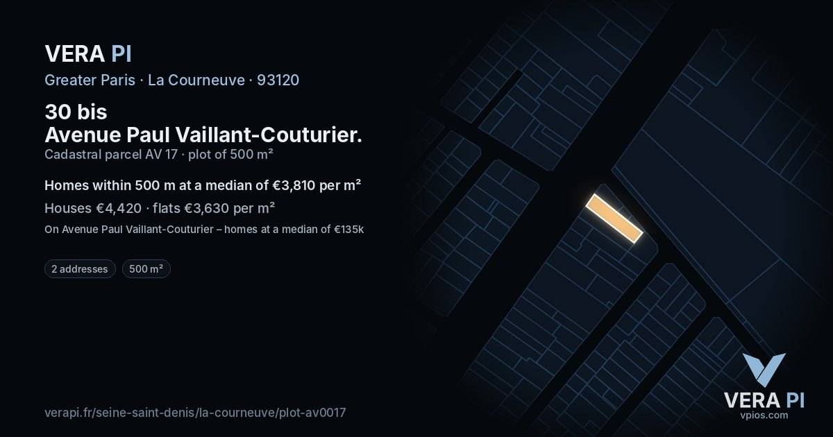 30 bis Avenue Paul Vaillant-Couturier, La Courneuve at night – the plot lit, the parcels around coloured by the prices near them