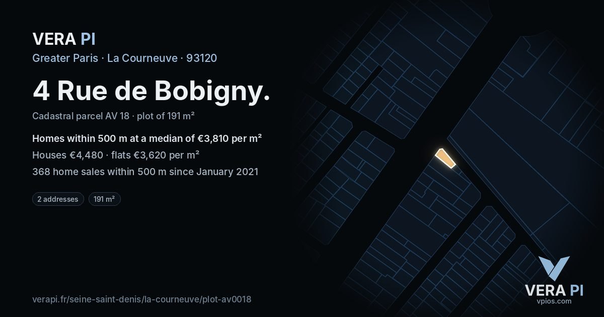 4 Rue de Bobigny, La Courneuve at night – the plot lit, the parcels around coloured by the prices near them