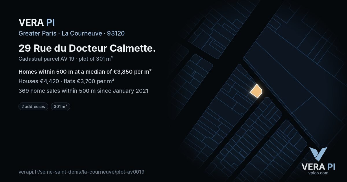 29 Rue du Docteur Calmette, La Courneuve at night – the plot lit, the parcels around coloured by the prices near them