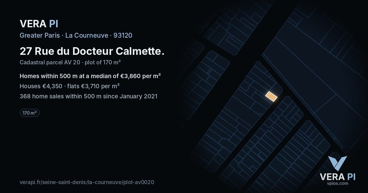 27 Rue du Docteur Calmette, La Courneuve at night – the plot lit, the parcels around coloured by the prices near them