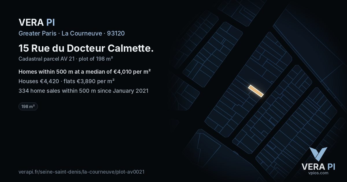 15 Rue du Docteur Calmette, La Courneuve at night – the plot lit, the parcels around coloured by the prices near them