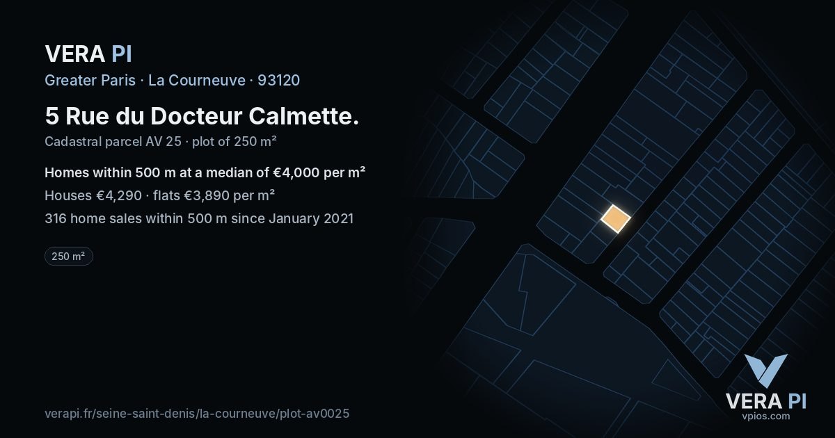 5 Rue du Docteur Calmette, La Courneuve at night – the plot lit, the parcels around coloured by the prices near them