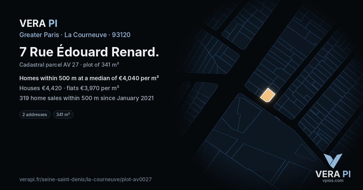 7 Rue Édouard Renard, La Courneuve at night – the plot lit, the parcels around coloured by the prices near them