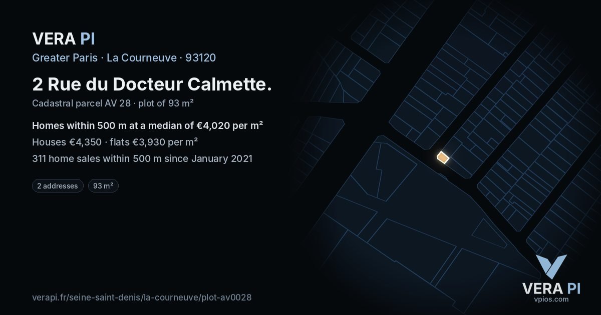 2 Rue du Docteur Calmette, La Courneuve at night – the plot lit, the parcels around coloured by the prices near them