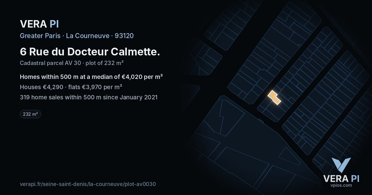 6 Rue du Docteur Calmette, La Courneuve at night – the plot lit, the parcels around coloured by the prices near them