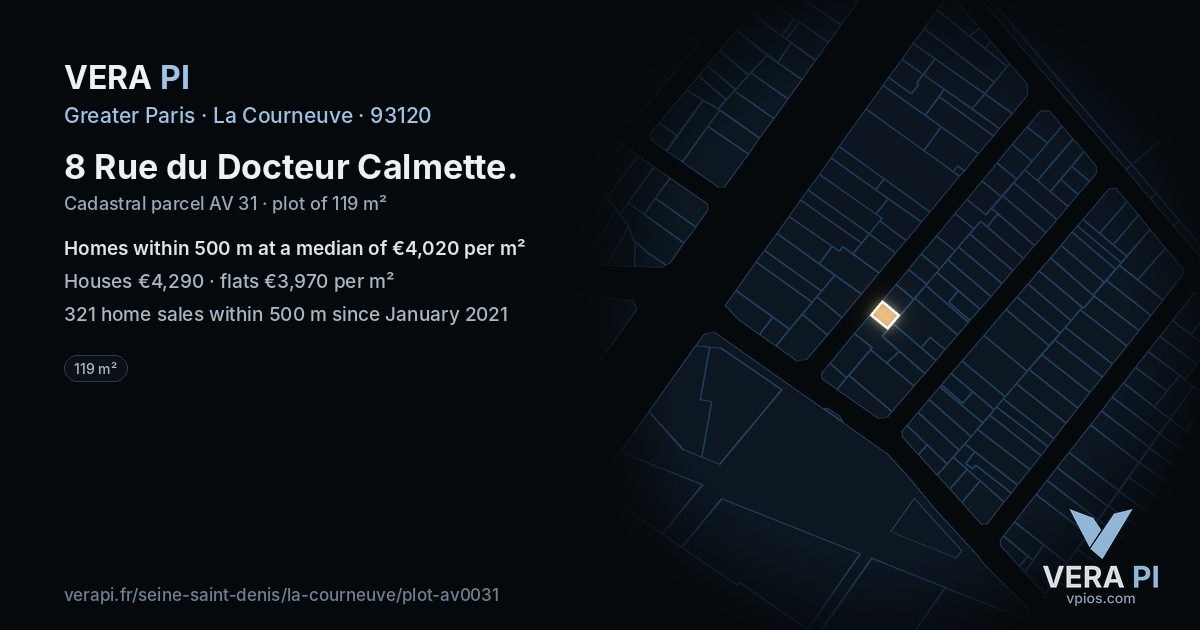 8 Rue du Docteur Calmette, La Courneuve at night – the plot lit, the parcels around coloured by the prices near them