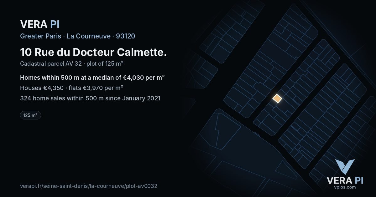 10 Rue du Docteur Calmette, La Courneuve at night – the plot lit, the parcels around coloured by the prices near them