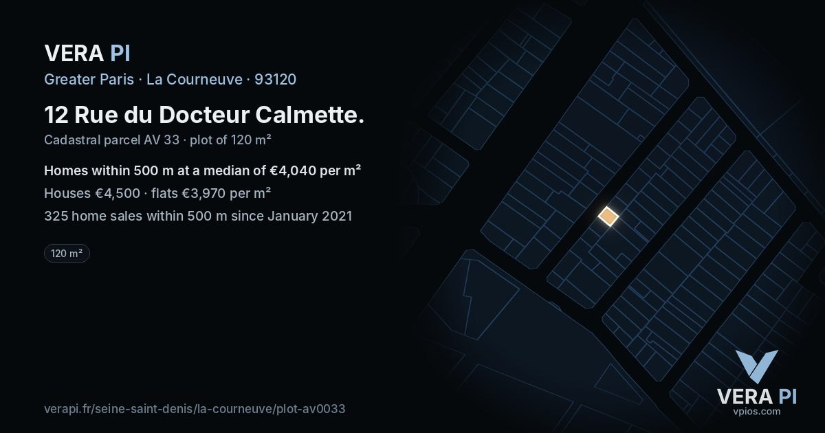 12 Rue du Docteur Calmette, La Courneuve at night – the plot lit, the parcels around coloured by the prices near them